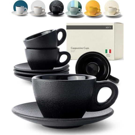 Cappuccino cups set of 4 [8oz] - Thick-walled stoneware cappuccino cup set for latte art - Latte mugs - Latte cups - Coffee mug - Latte art cup - Ceramic latte cup and saucer set of 4 -