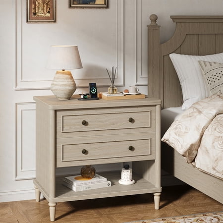 Bestier Farmhouse Nightstand with 2 Drawers Open Shelf Night Stand with Charging Station Wood Bedside Table Sofa Side End Table for Bedroom Living Room Oak