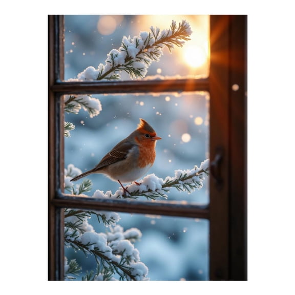 Diamond Art Kits for Adults, Winter Bird Snowy Window Sunrise 5D Diamond Painting Kits for Adults Beginners, DIY Full Drill Diamond Painting, Gem Art and Crafts 12x16