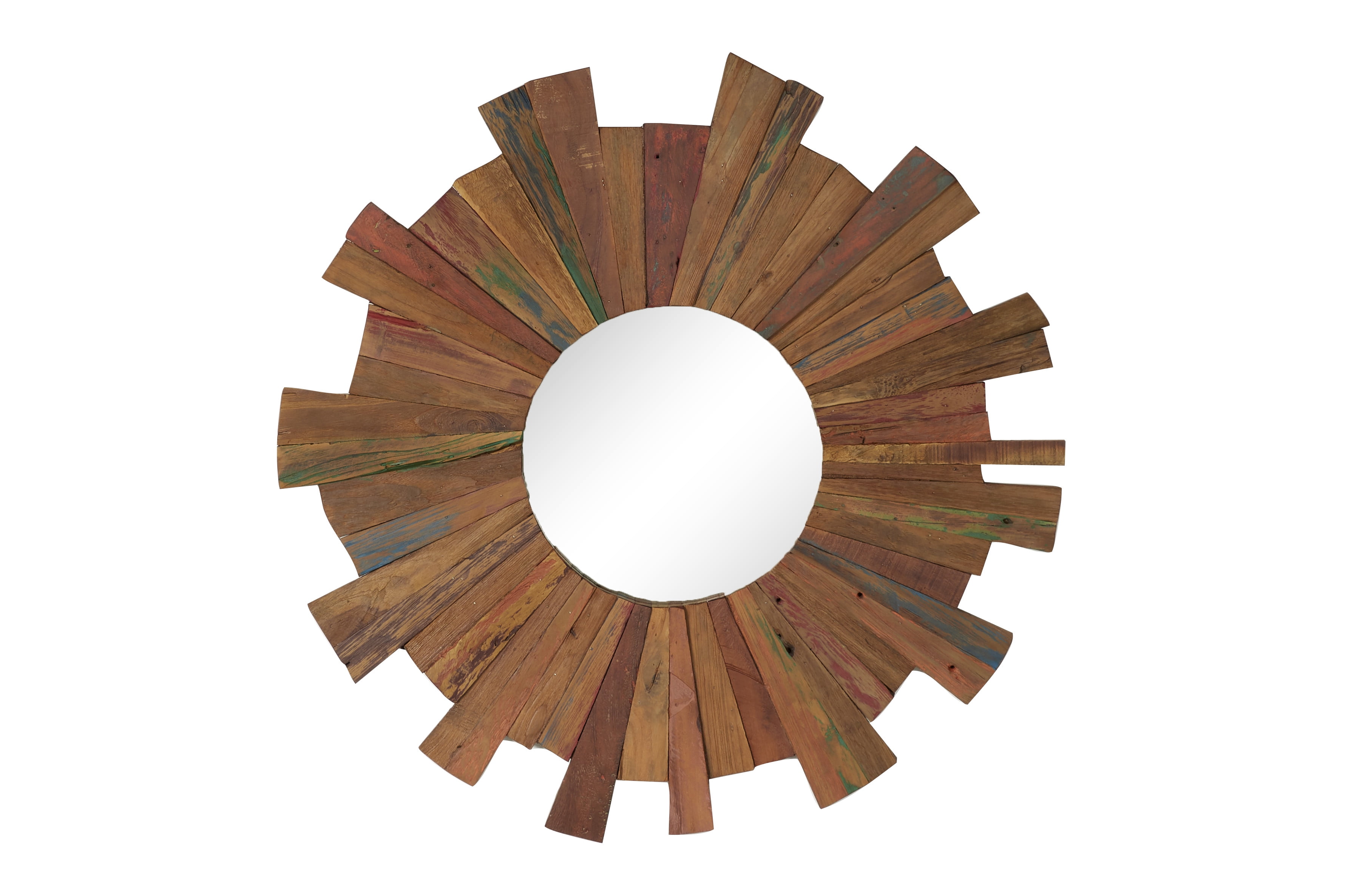Decmode Large Eclectic Multi-Colored Reclaimed Wood Round Wall Mirror, 35.5”