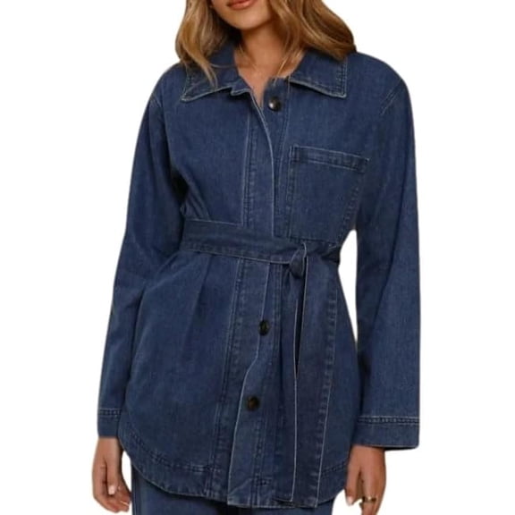 Women's 2026 Long Sleeve Button Down Denim Shacket Jean Jacket Tie Waist Casual Spring