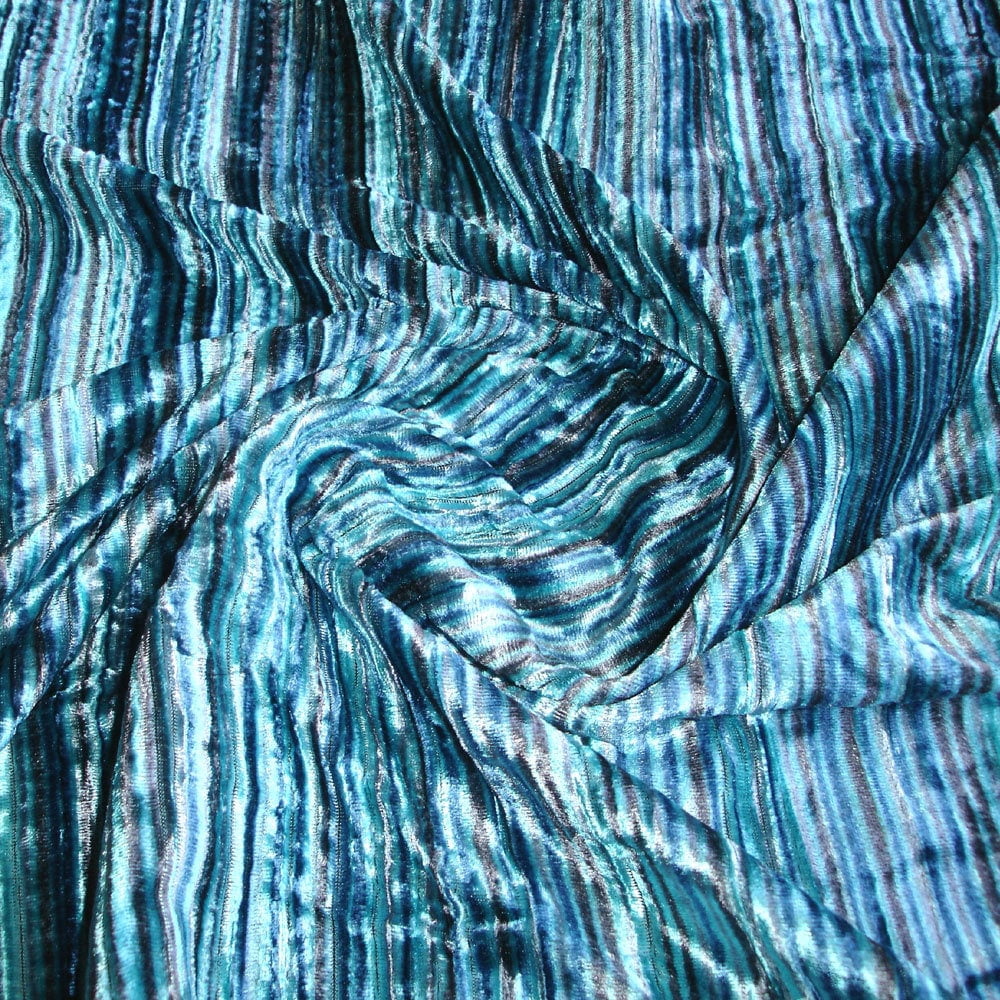 Fabric Mart Direct Aqua tones Velvet Fabric By The Yard, 44 inches or 111 cm width, 18 Continuous Yards Blue Velvet Fabric, Aqua Swirls, Pin Stripes Technique, Upholstery Drapery Curtain Wholesale