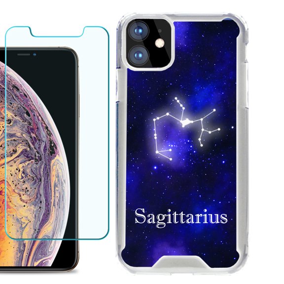 For Apple iPhone 11 Case, Hybrid Bumper Phone Case, with Tempered Glass Screen Protector, by OneToughShield ® - Zodiac / Sagittarius