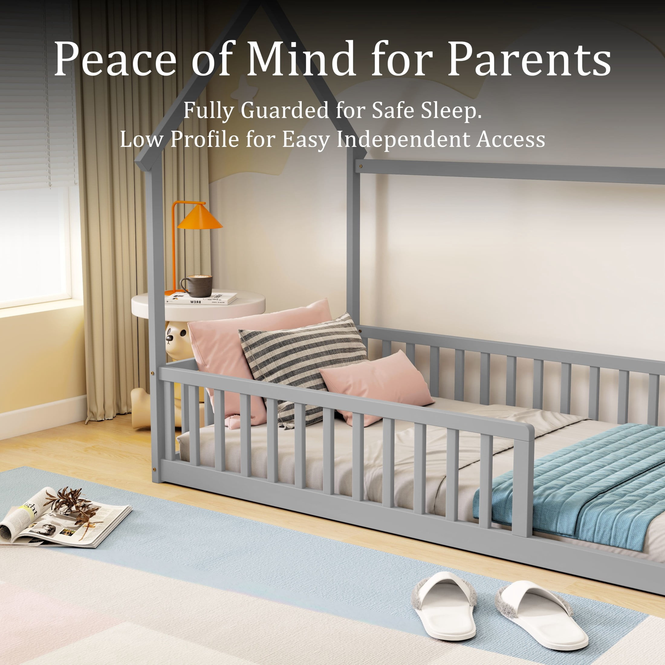 Noble House Morde Twin Size House Floor Bed with Gable Roof Frame & Safety Guardrails, Pine Wooden Bed Frame, Grey