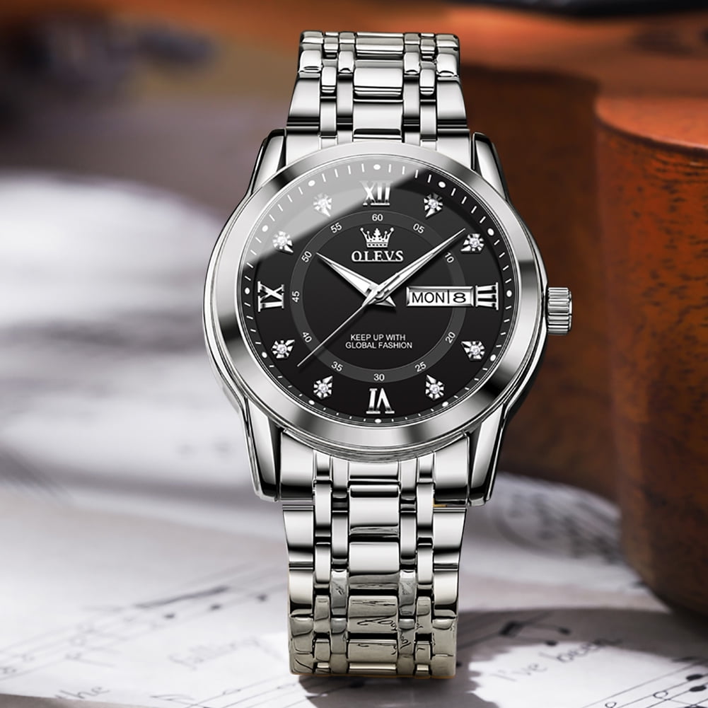 OLEVS Watches For Men Diamond Business Dress Luxury Casual Analog Quartz Stainless Steel Waterproof Luminous Date Men Wrist Watches Reloj Para Hombre Black Dial