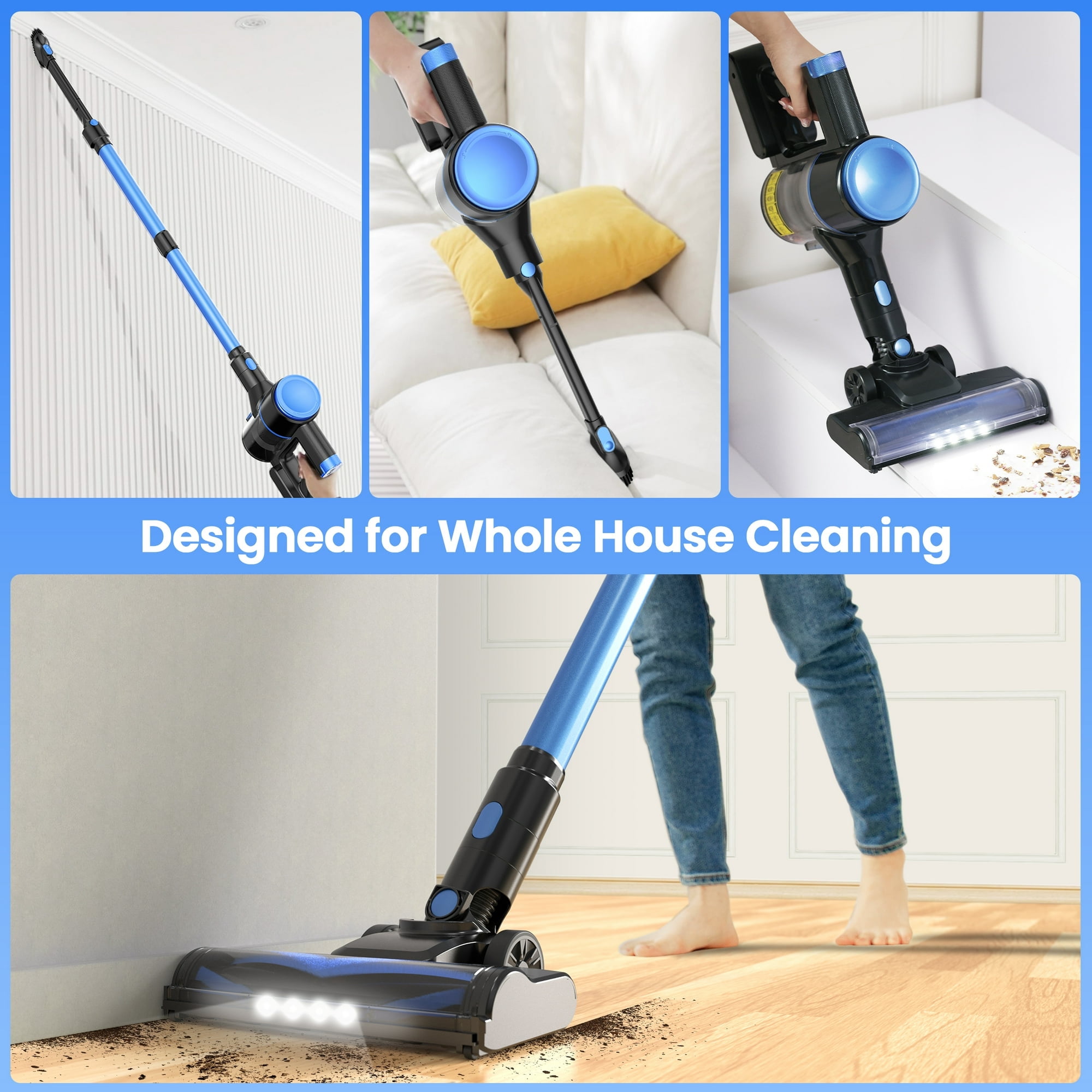 YOMA Cordless Vacuum Cleaner,25Kpa 40 Mins Runtime Lightweight Stick Vacuum,Self-Standing, Rechargeable Vacuum Cleaners for Pet Hair,Carpet,Hardwood Floor N8(Blue)