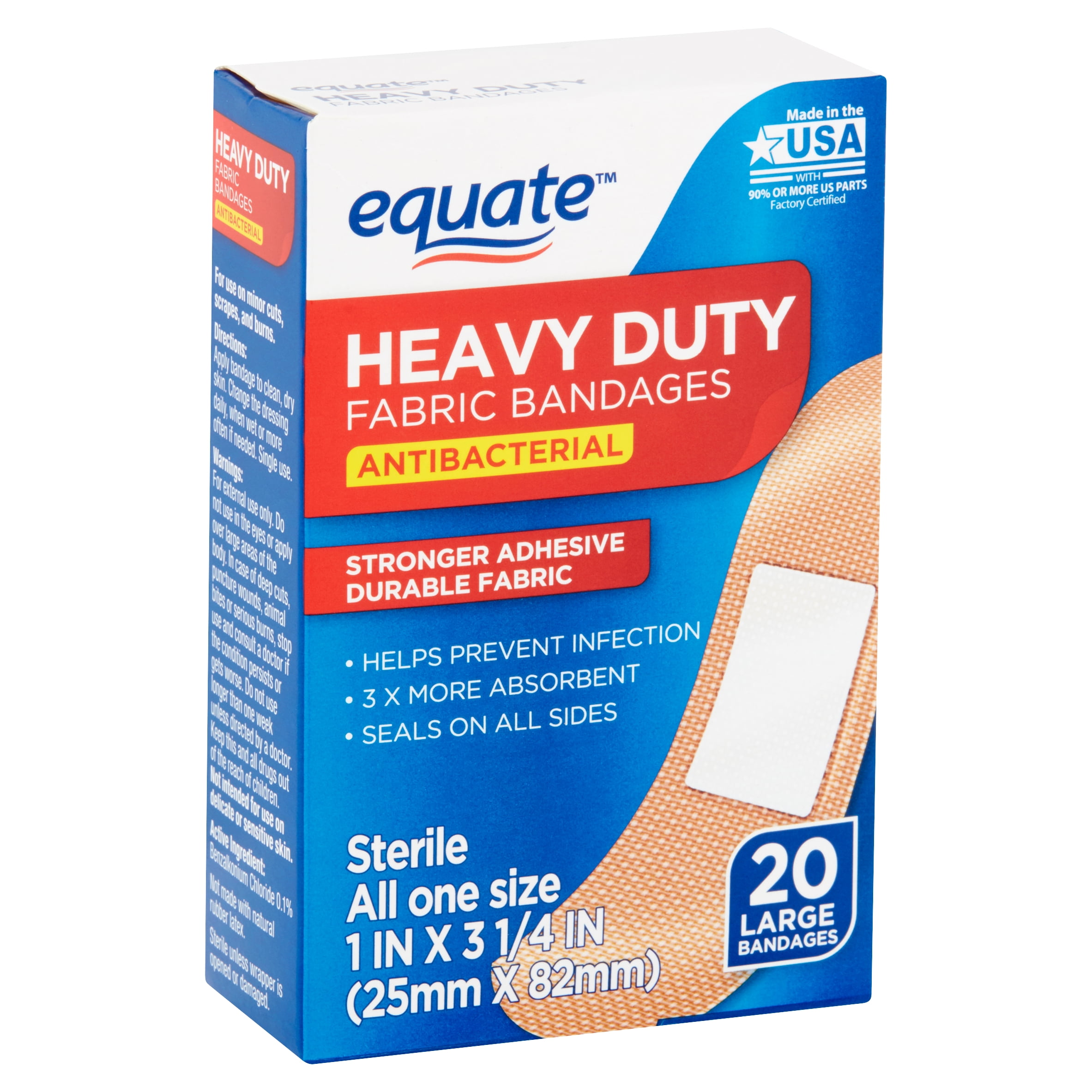 Equate Antibacterial Large Heavy Duty Fabric Bandages, 20 count