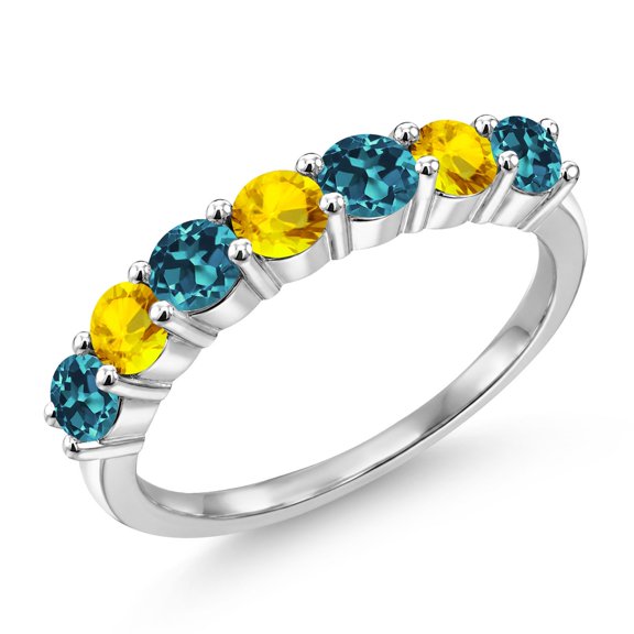 Gem Stone King 925 Sterling Silver Round London Blue Topaz Yellow Sapphire Anniversary Ring for Women (1.36 Cttw, Gemstone Birthstone, Size 9) (Size 9)