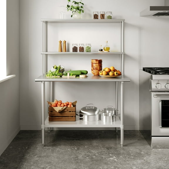Flash Furniture Reese Prep Table 30x48 Double Overshelves and Steel Undershelf (NHWT3048OSH)