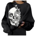 thumbnail image 2 of Suéter de calavera para mujer, estampado de cuello redondo, informal, manga larga, sudadera holgada, jersey de Halloween, 2 of 3