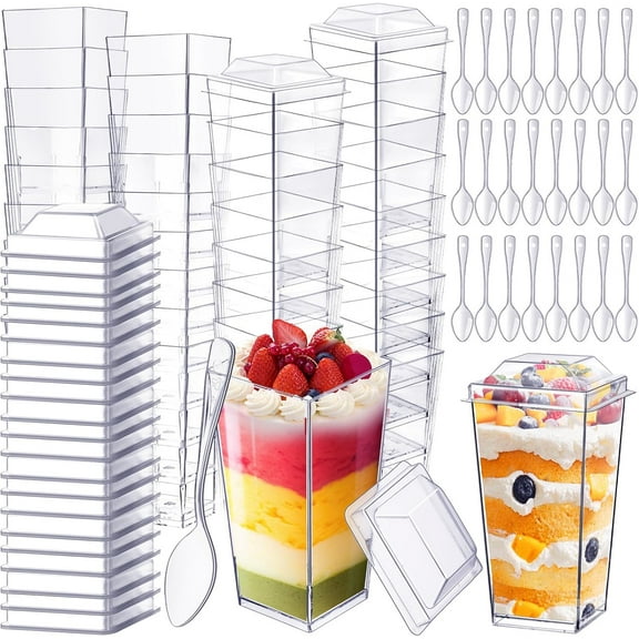 120 Pack 3 oz Mini Dessert Cups with Lids and Spoons Square Clear Plastic Parfait Cups with Lids Shooter Cups Dessert Appetizer for Parties Cake Yogurt Ice Cream Pudding