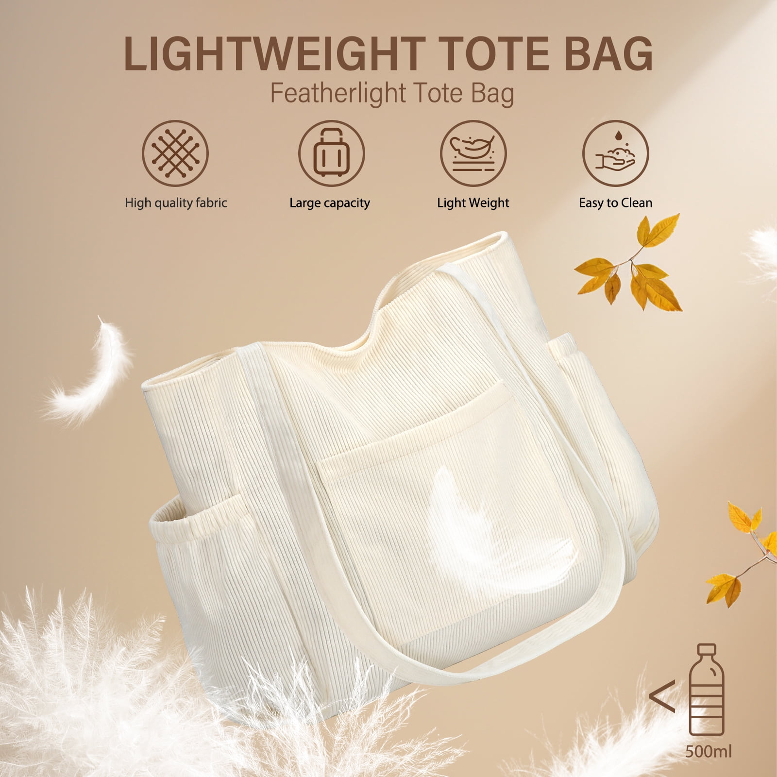 Gocvo Multiple Pockets Corduroy Bag, Large Tote Bag for Women, Ladies Bag Casual Hobo Handbags(Beige)