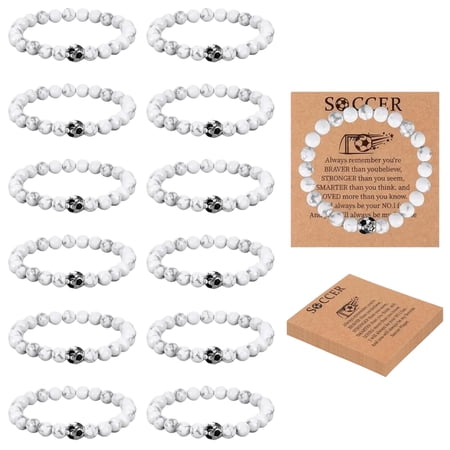 12 Set Soccer Bracelets Soccer Team Gifts Lava Stone Beaded Bracelets with Inspirational Cards Adjustable Sports Wristbands for Players Fans Game Day Party Favors