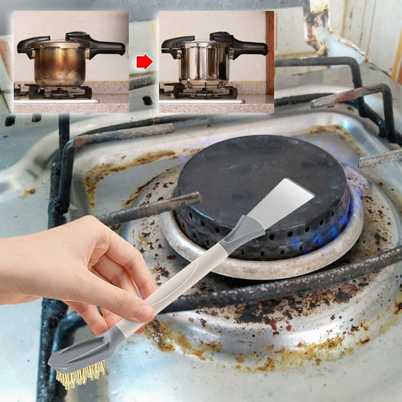 Qhnvtd Kitchen Gas Stove Double Headed Cleaning Brush, Stainless Steel Stove Range Hood Brush, Descaling Oil Stains Tool, Multifunctional Scraper, Ergonomic Handle, Durable