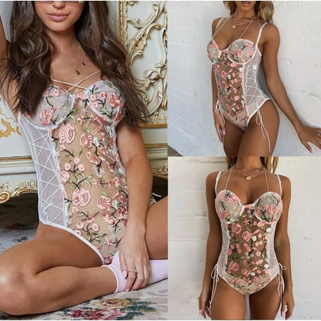 

Fatuov Womens Lingerie Sets Women Sexy Lace Cross Suspenders Embroidery Mesh Lace-up Bodysuit Underw On Clearance