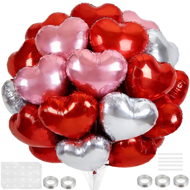 Globos PNIOTAIN de 18" en forma de corazón, foil, 30 piezas, rojo, rosa y plateado