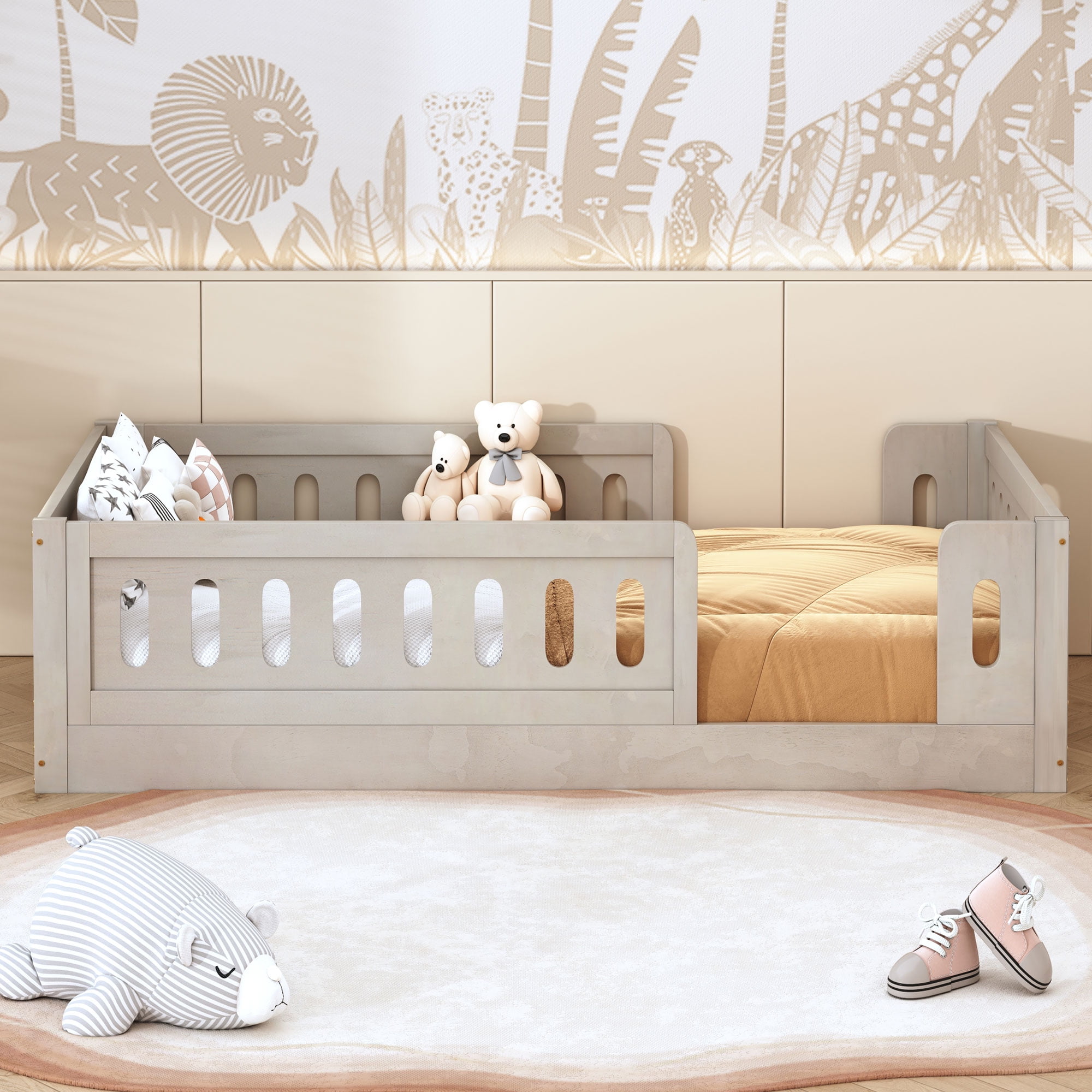 Euroco Wood Twin Size Platform Bed with Fuardrail for Toddler and Kids Teens