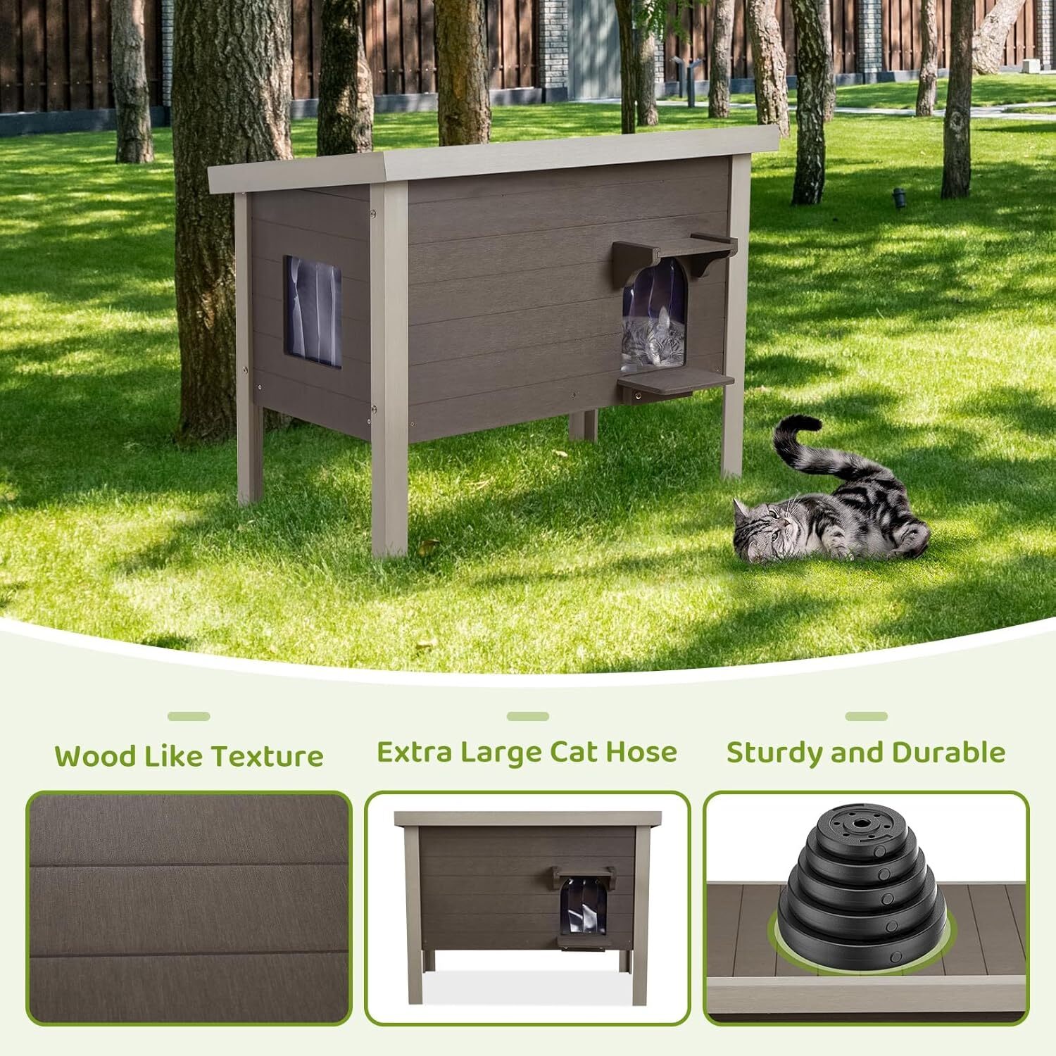 GONICHA Oversized Outdoor Cat House Weatherproof, Poly Lumber Cat Houses for Outdoor Cats Insulated, Feral Cat Shelter with Escape Door and Openable Roof ,Light Gray