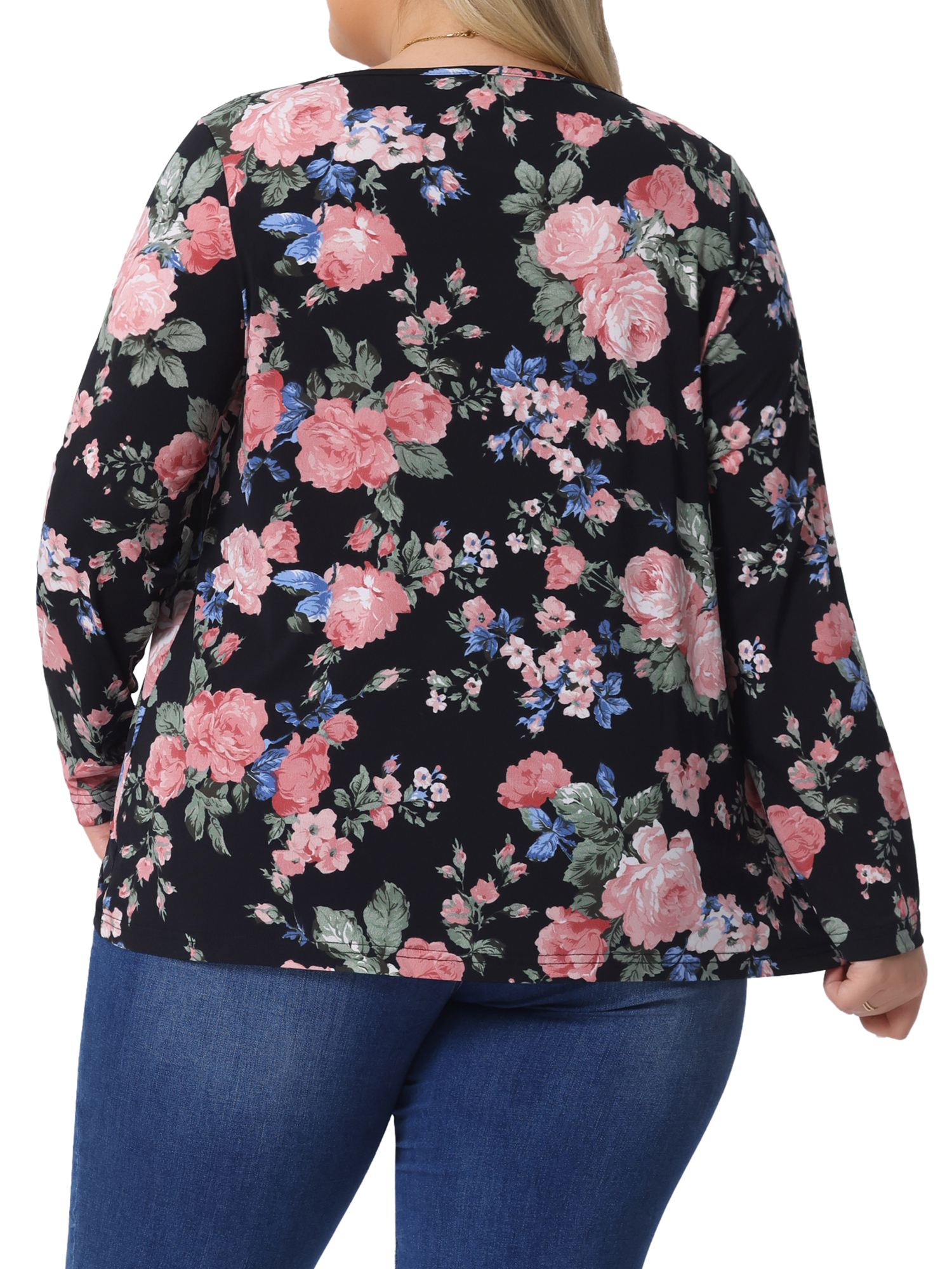 DARING DIVA Women's Plus Size Floral Long Sleeve Pleated Crew Neck Blouse 2X Black