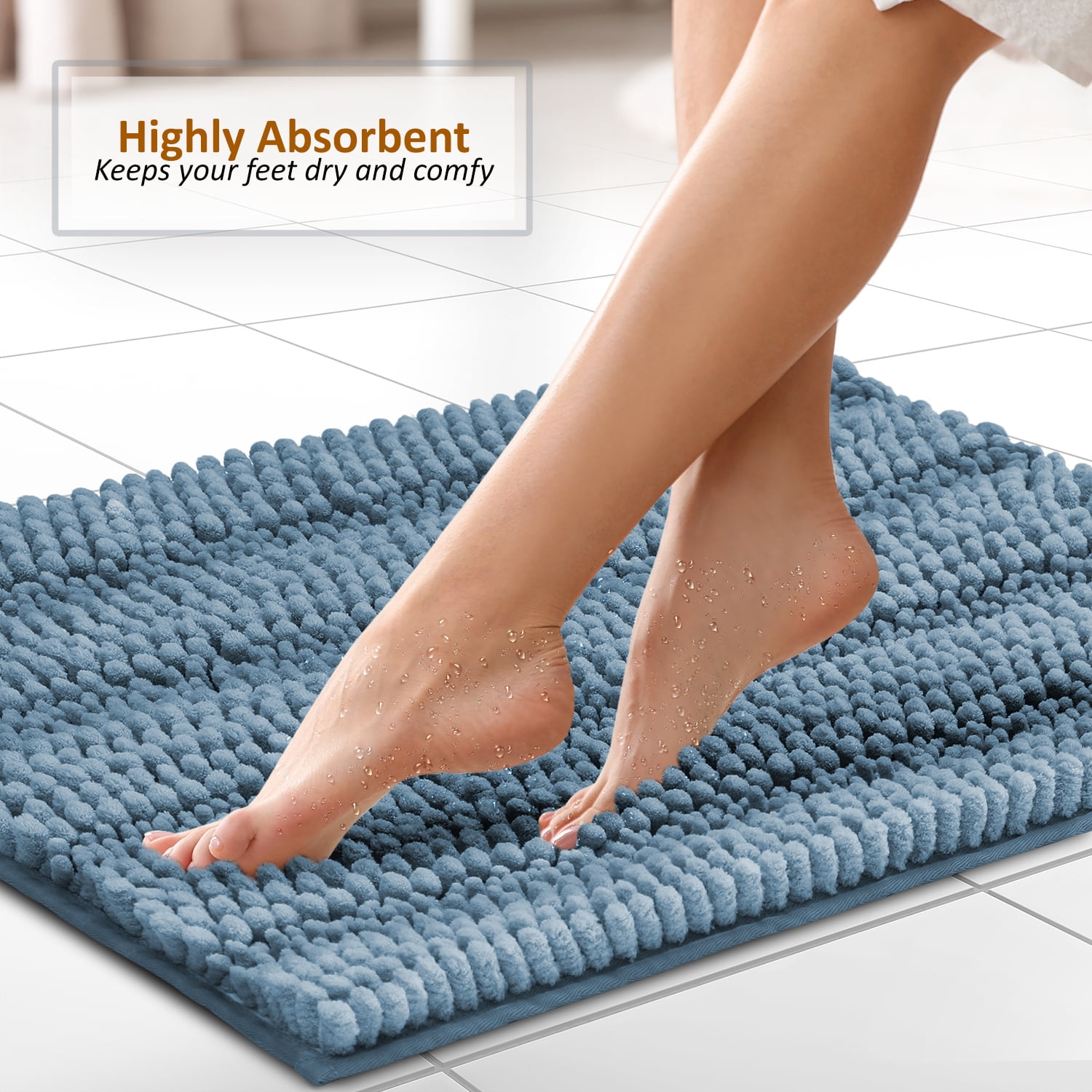 Clara Clark Chenille Super Absorbent Bath Mat - Extra Soft - Shower and Bath Room - Machine wash dry - Size Extra Large 44 x 26 - Blue Heaven
