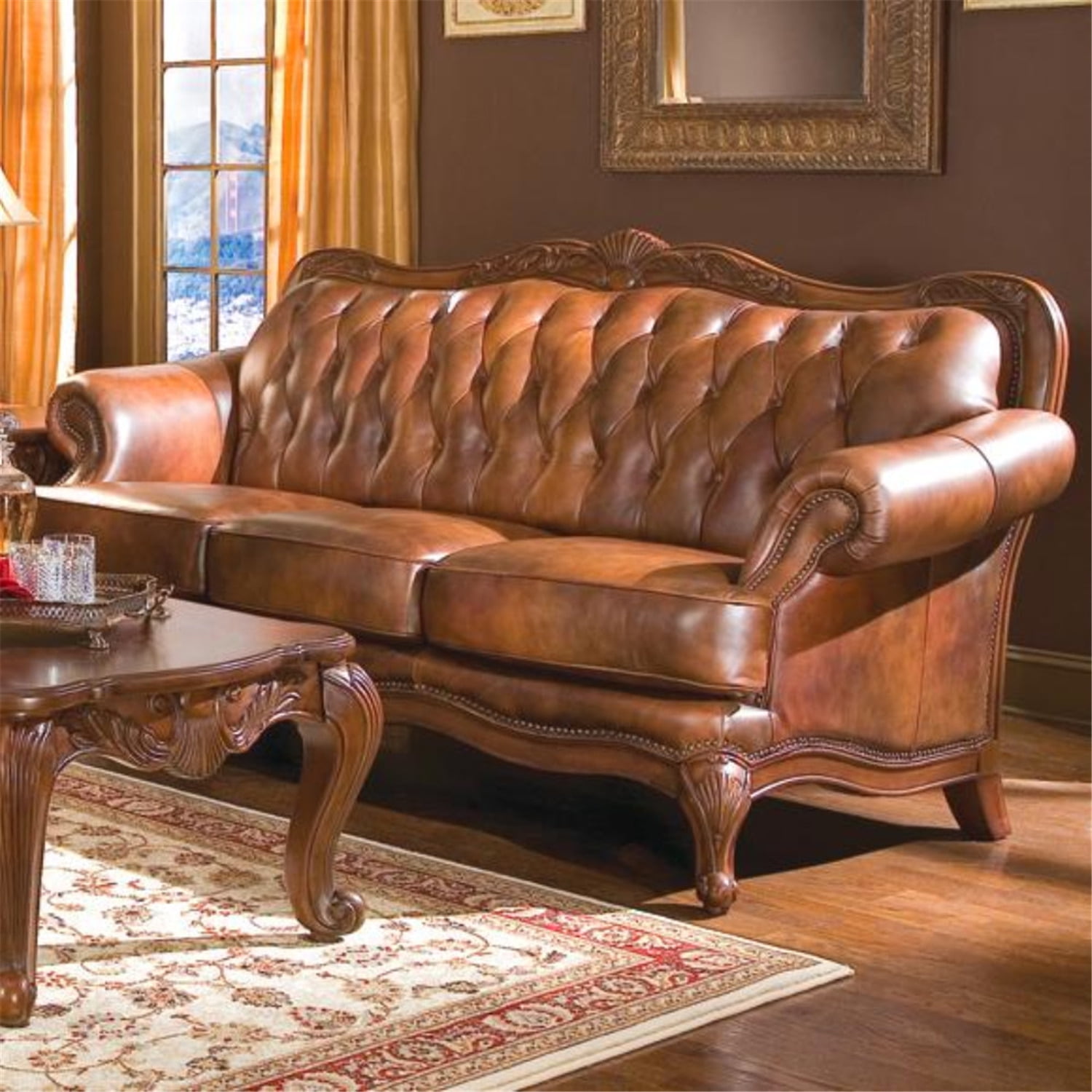 Benzara Transitional Leather & Wood Sofa With Tufted Design, Brown