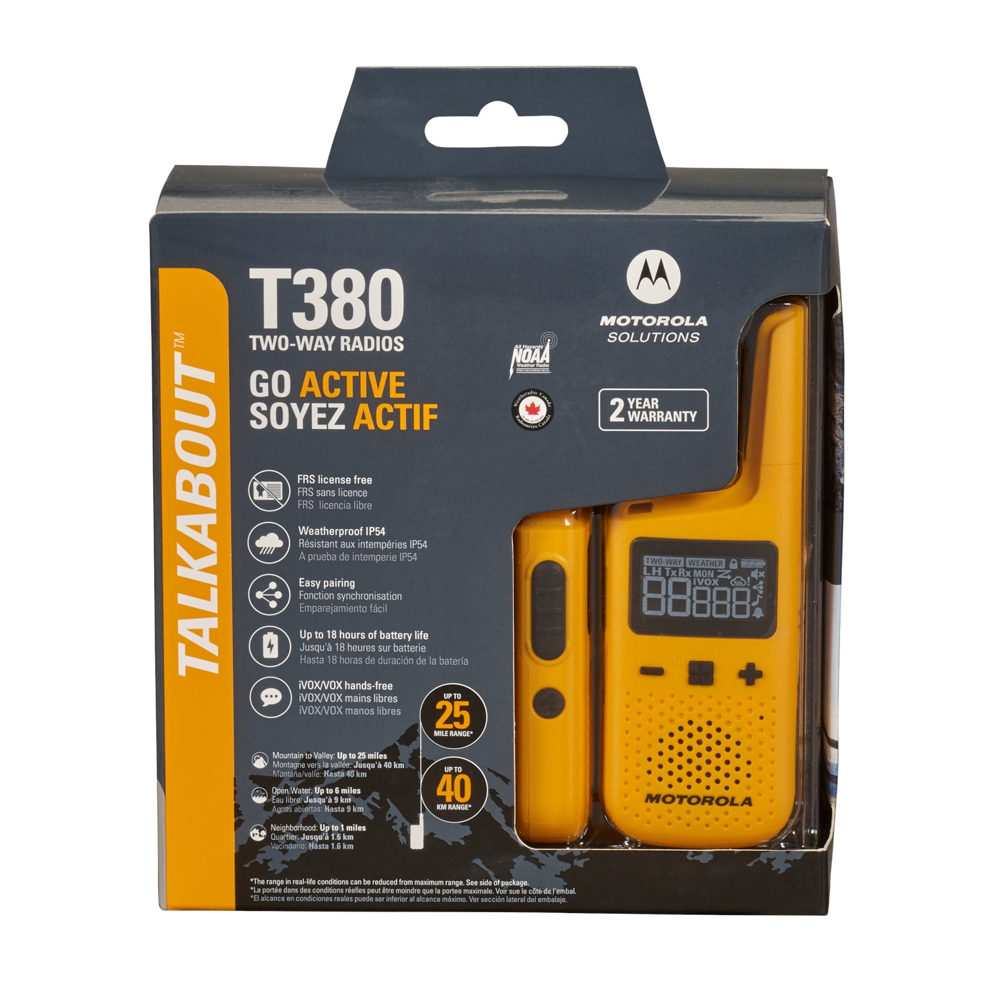 Motorola Solutions T380 25 mi. Two-Way Radio Yellow w/Charging Dock 2-Pack
