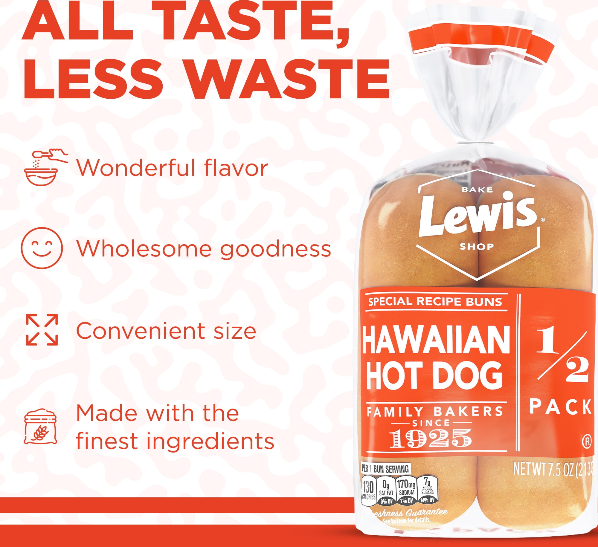 Lewis Bake Shop Hawaiian Half Pack Hot Dog Buns, 7.5 oz, 4 Count