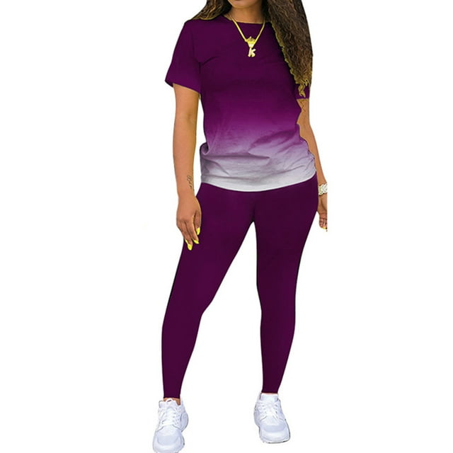 MAWCLOS Ensemble de Jogging pour Femmes Manches Courtes Survêtements Dégradé Deux Pièces Boho Course Col Rond Ensembles de Détente Violet 2TG