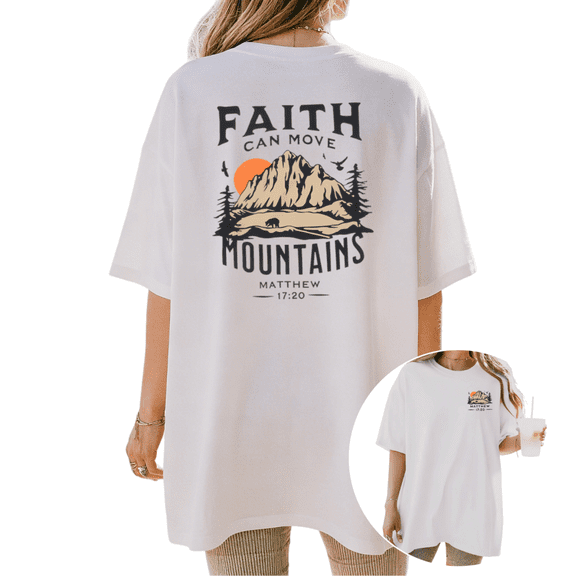 Cozymy Women's Faith Can Move Mountains Vintage Outdoor Mountain Sunset Christian Graphic Crewneck Short Sleeve T-Shirt Casual Oversized Loose Fit Soft Inspirational Faith Casual Nature Daily Tee Top