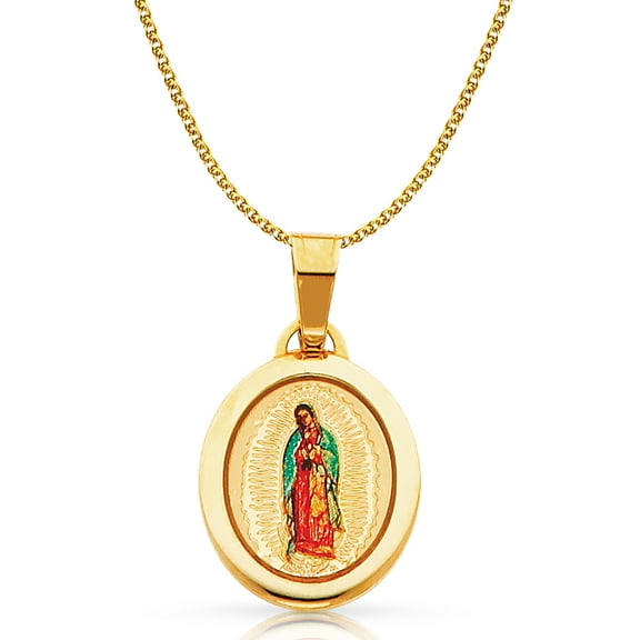 14K Yellow Gold Our Lady of Guadalupe Enamel Picture Charm Pendant with 1.2mm Flat Open Wheat Chain Necklace