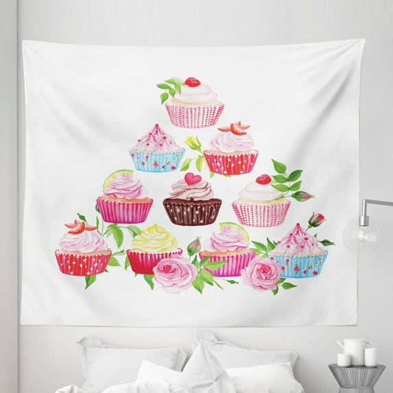 Dessert Tapestry, Pyramid of Cupcakes with Polka Dot Liners and Bloomed Pink Roses Fresh Pastries, Fabric Wall Hanging Decor for Bedroom Living Room Dorm, 5 Sizes, Multicolor, by Ambesonne