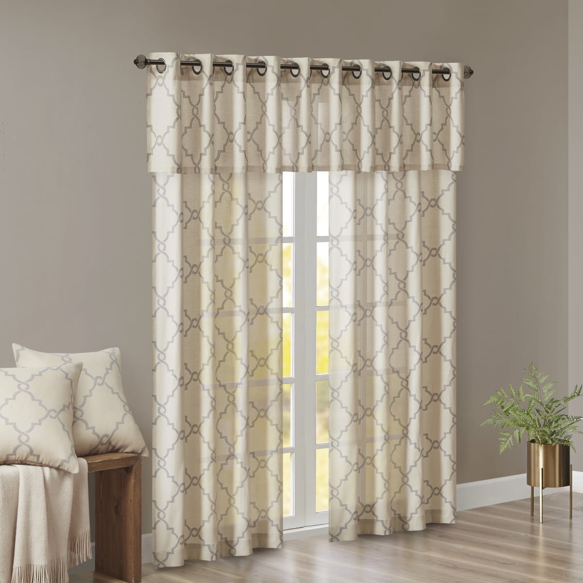 MAYEERTY 50x18" Fretwork Print Grommet Top Valance Beige/Grey