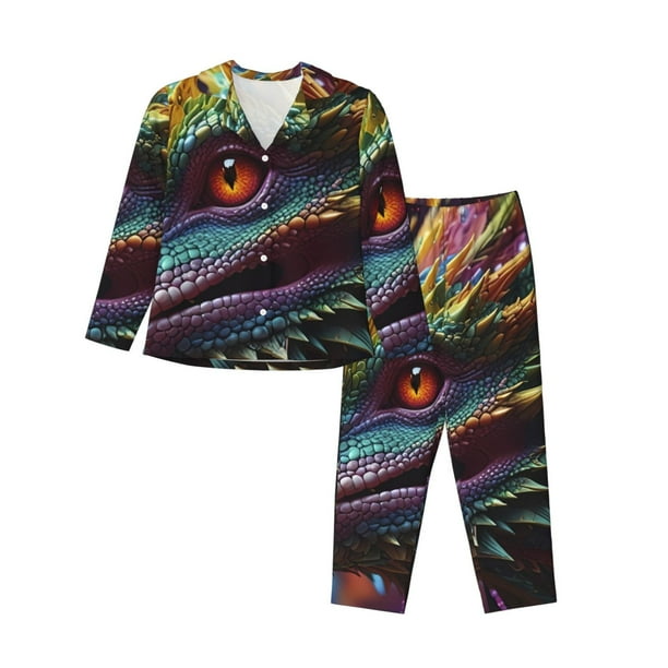 Fotbe Colorful Dragon Head Profile Conjunto de Pijama de Manga Larga para Mujer con Estampado, Ropa de Dormir de 2 Piezas, Conjunto de Casa Suave y Cómodo con Bolsillos-Medium