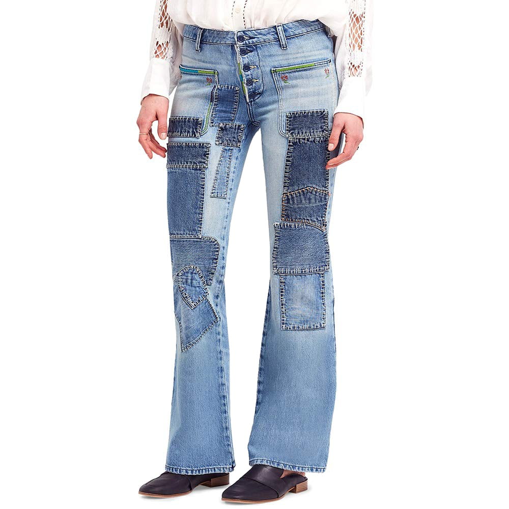 Free People - Womens Button-Fly Patched Flare-Leg Jeans 25 - Walmart ...