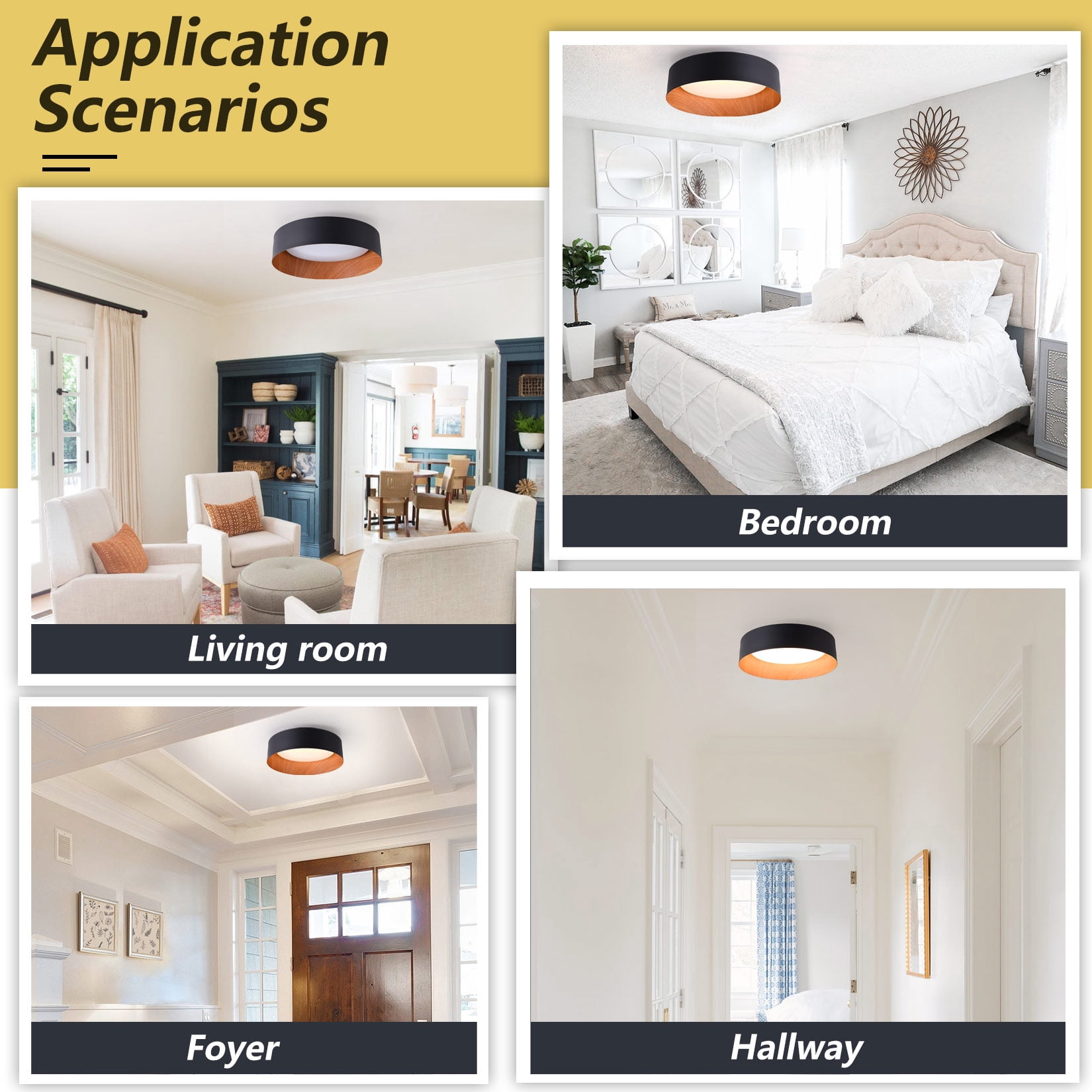BESTOMINE Flush Mount Ceiling Light,13 inch Ceiling Light Fixtures,Matte Black with Wood Accent,3000K/Warm White/18W(100w Equiv.),Dimmable LED Lighting Fixtures Ceiling for Kitchen,Outdoor