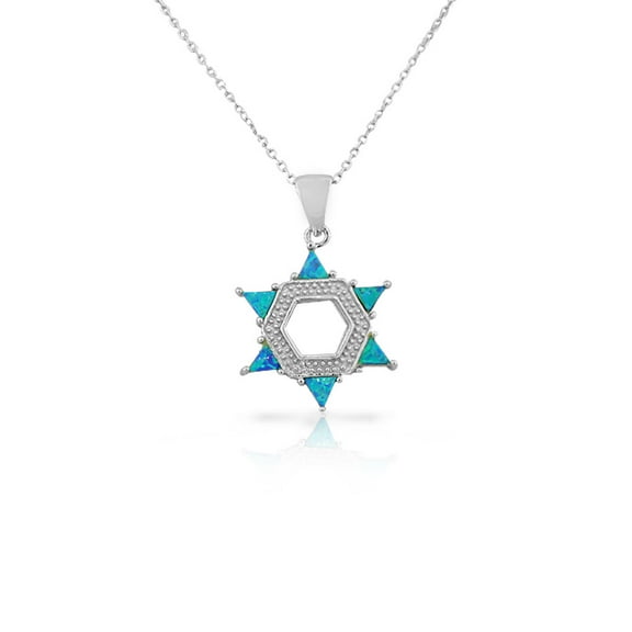 925 Sterling Silver Womens Jewish Star of David Blue Simulated Opal Turquoise-Tone Pendant Necklace