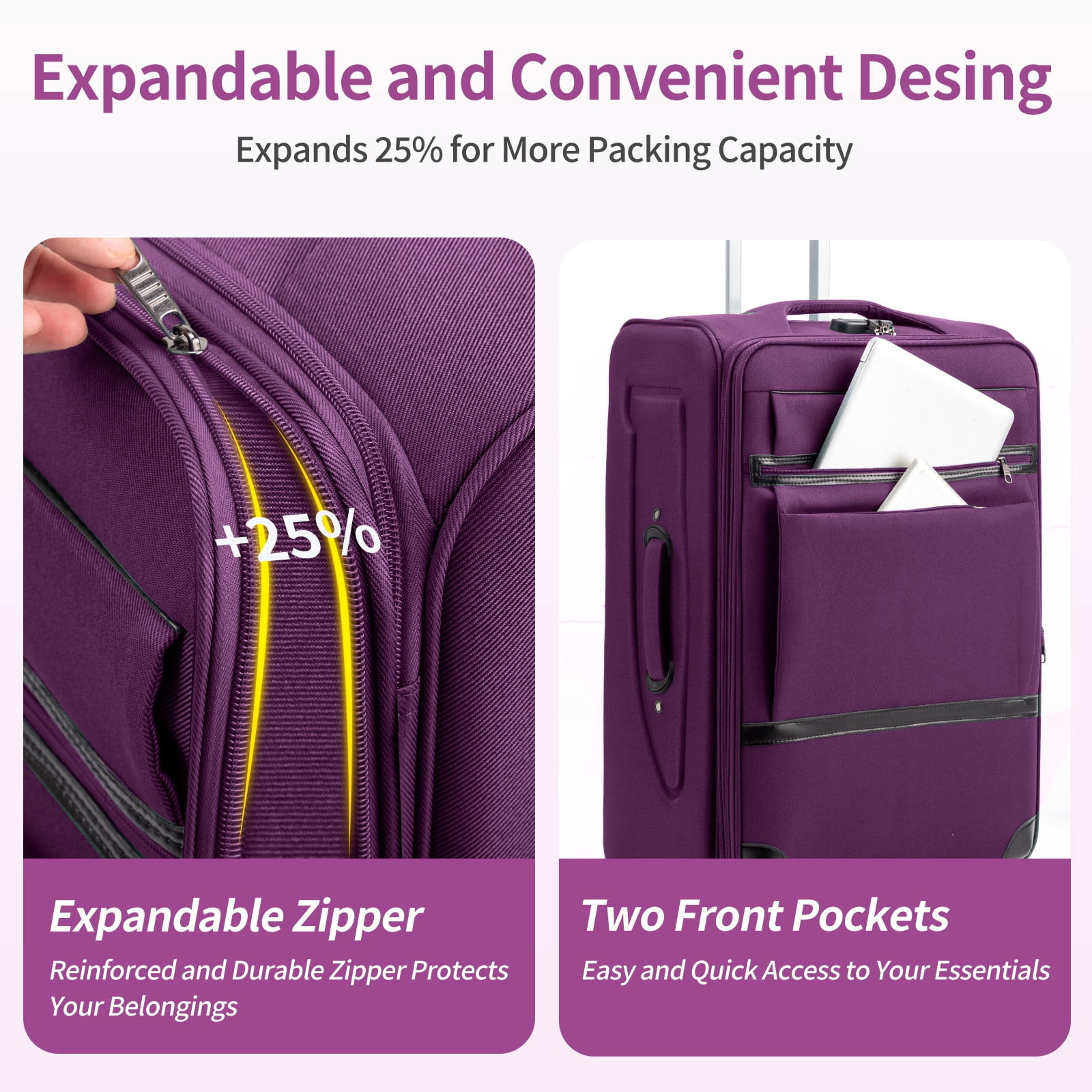 Ktaxon 3-Piece Softside Luggage Set With 8 Set Pcaking Cube TSA Lock, 360° Spinner Wheels Purple
