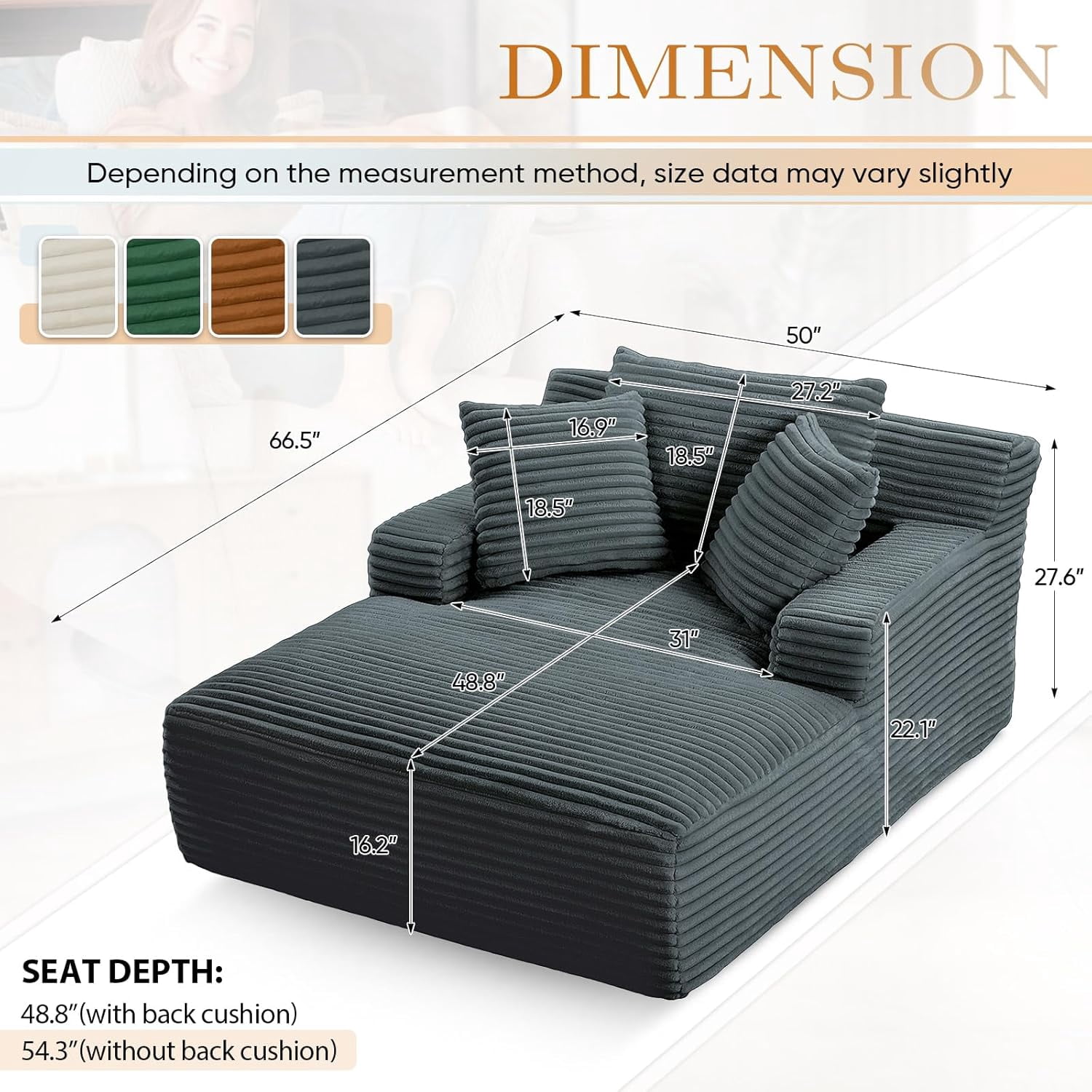 AENKYO 50" Chaise Lounge Sofa Bed with 3 Pillows, Convertible Sleeper Couch for Living Room, Bedroom & Small Spaces - Corduroy Upholstered Deep Seat Comfy Furniture - Dark Gray