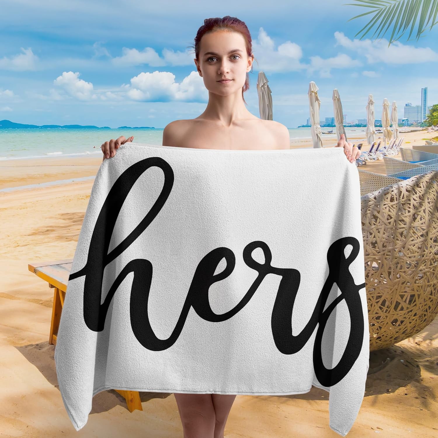 Hers and His Beach Towel Set of 2, Honeymoon Wedding Beach Towels Gifts for Newlywed Couple Bride Groom Valentine's Day, Black and White Beach Towels Oversized Decor for Bathroom 30x60 in