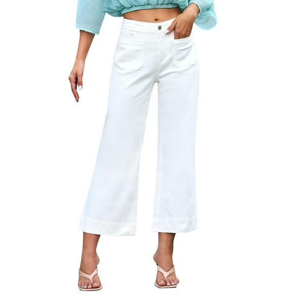 JJHGVB Jeans for Women Barrel Jeans Women Women's Spring Summer Solid Color Straight Leg Wide Leg Large Pocket Jeans Baggy Jeans Wide Leg Pants Woman White M