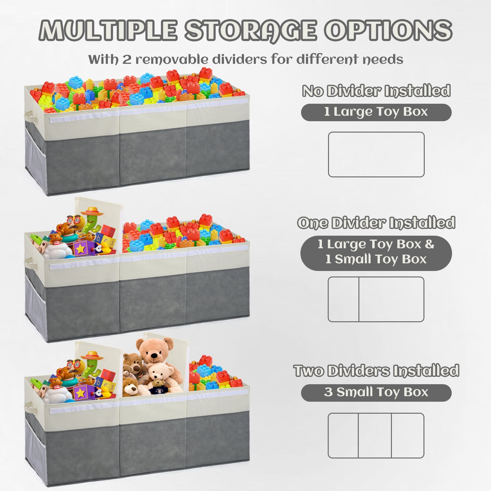 FIIOEOY Extra Large Collapsible Toy Storage Box with Lid, Divider & Mesh Pockets, 40”x14”x16”, White & Gray