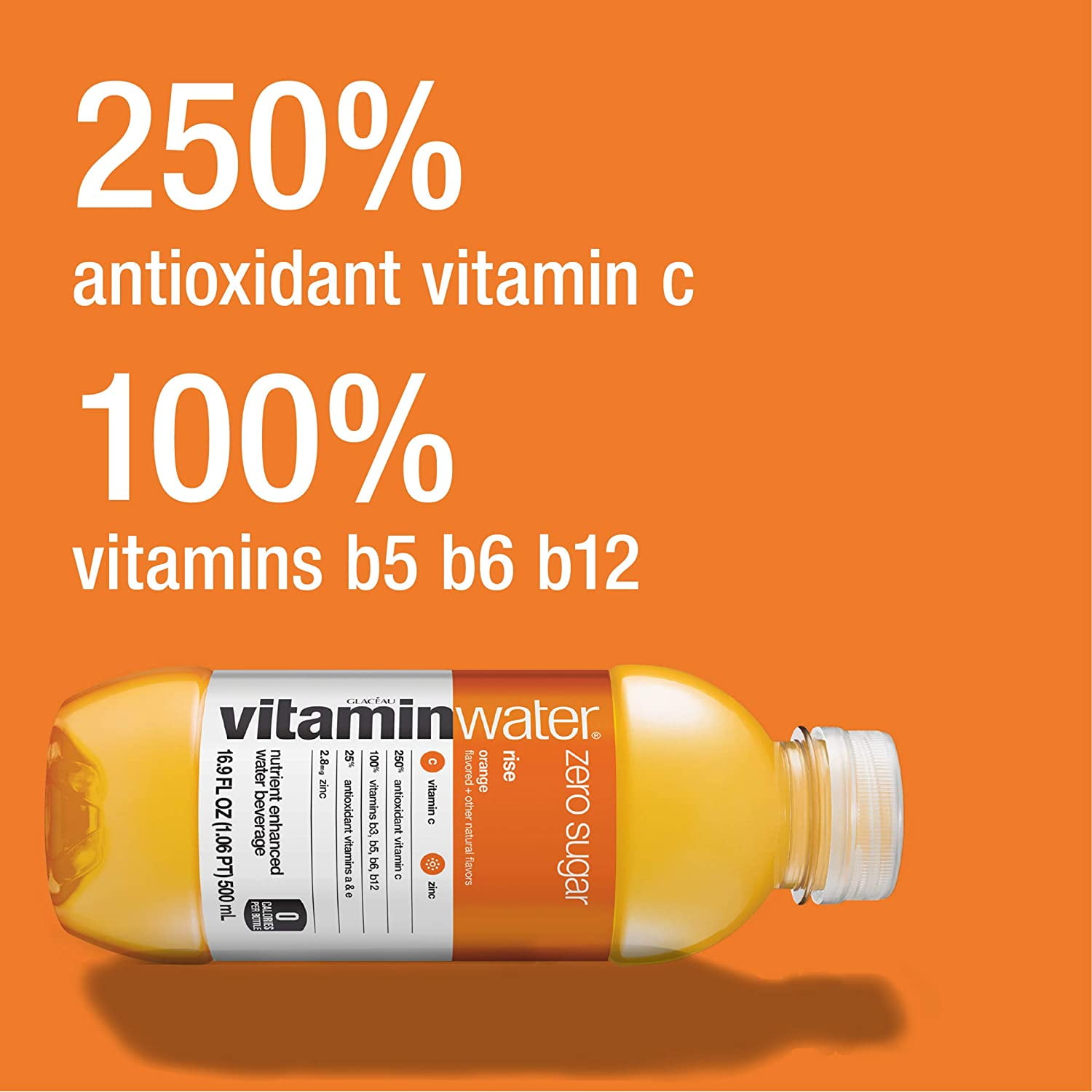 vitaminwater Zero Rise, Electrolyte Enhanced Water with Vitamins, Orange Drinks, 16.9 Fl Oz (Pack of 24)