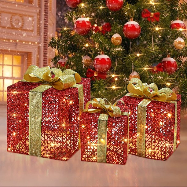 Xinsilu Christmas Lighted Gift Boxes Decorations, Set of 3 Red Present