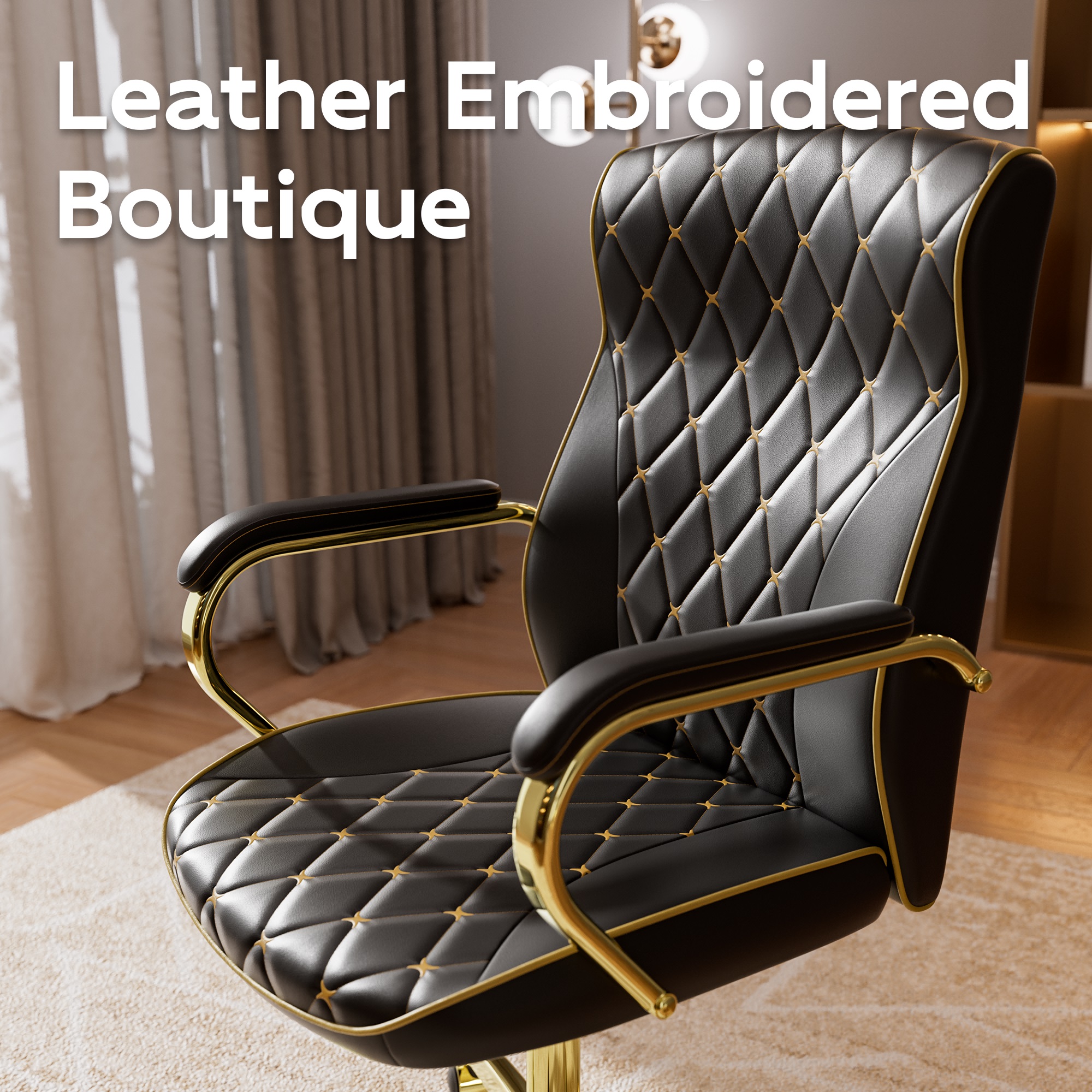 Ninecer Black and Gold Office Chair with Soft Leather Embroidery, Mid Back Vintage Swivel Executive Desk Chair with Wheels and Padded Arms, Adjustable Height