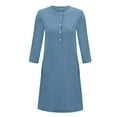 thumbnail image 4 of Robe en Lin de Coton pour Femmes Manches Mi-Longues Robe Unie Col Rond Décontractée Robe de Soirée Tenue de Détente, 4 of 5