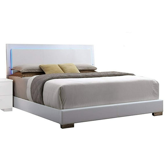 Benjara 63.4" Contemporary Faux Leather Queen Bed with Headboard in White