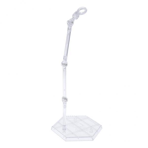 2 muñecos flexibles transparentes para montaje de bricolaje perfke soporte para exhibición de muñecas Vista frontal de soporte perfke transparente con base hexagonal baja y poste desmontable; brazo articulado con tres juntas y anilla superior para sujetar cintura, ajuste de altura hasta 17 cm y base ≈13.5 cm; para figuras de 3.9–8 pulg.; paquete de 2; muñeca no incluida. A menudo usado para exhibir figuras de acción en vitrinas.