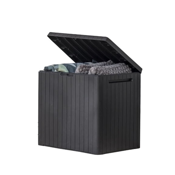 30 Gallon Resin Outdoor Storage Box & Patio Side Table for Balcony, Pool, Deck & Garden Accessories, Weather‑Resistant, Dark Grey