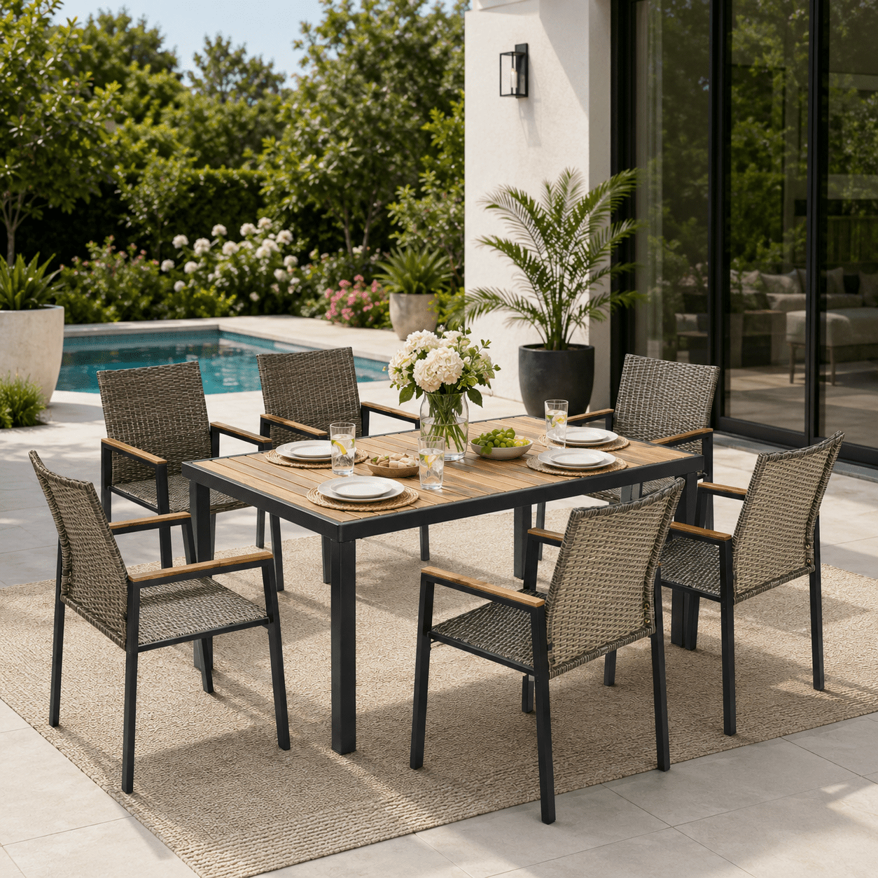 Seizeen 7-Piece Outdoor Table and Chairs, Patio Table Set with 6 Rattan Chairs, All-weather Outdoor Patio Dining Sets Rectangular Metal Table with Acacia Wood Top, Umbrella Hole, Gray