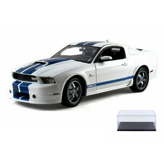 Diecast Car & Display Case Package - 2011 Ford Shelby GT350, White  w/ Blue Stripes - Shelby  SC351 - 1/18 Scale Diecast Model Toy Car w/Display Case